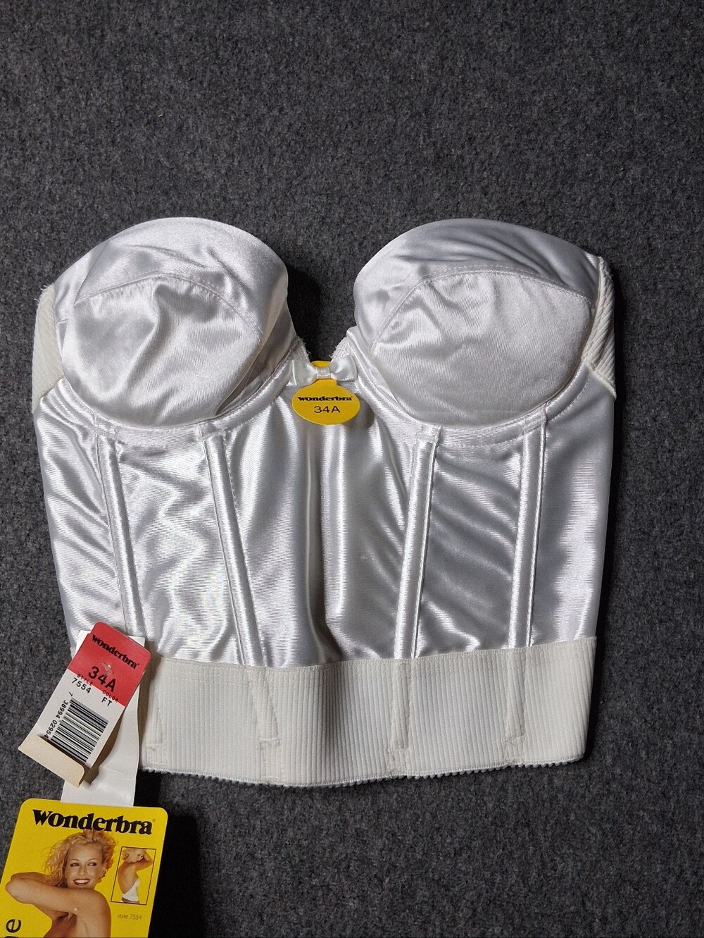 NWT VTG Wonderbra 7554 White Satin Longline Corset Bustier Strapless Bra 34A